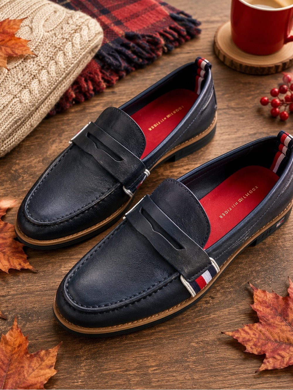Tommy Hilfiger Navy Leather Penny Loafers with Red Lining